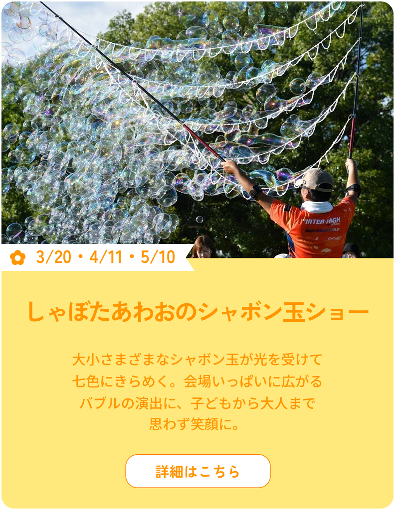 3/20・4/11・5/10 しゃぼたあわおのシャボン玉ショー 大小さまざまなシャボン玉が光を受けて七色にきらめく。会場いっぱいに広がるバブルの演出に、子どもから大人まで思わず笑顔に。 詳細はこちら