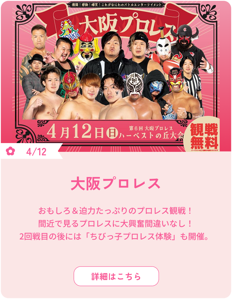 4/12 大阪プロレス おもしろ＆迫力たっぷりのプロレス観戦！間近で見るプロレスに大興奮間違いなし！2回戦目の後には「ちびっ子プロレス体験」も開催。詳細はこちら